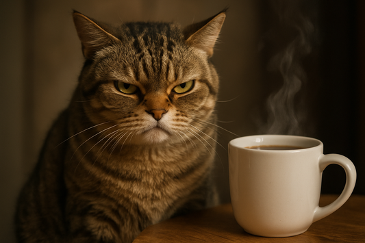 Grumpy cat sitting next to a steaming mug of coffee, looking unimpressed